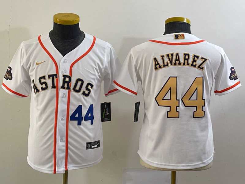Youth Houston Astros #44 Yordan Alvarez Number 2023 White Gold World Serise Champions Patch Cool Base Jersey->mlb youth jerseys->MLB Jersey